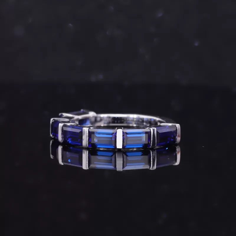 3×5mm Baguette Step Cut Lab Grown Sapphire 10K White Gold Seven Stone Diamond Ring