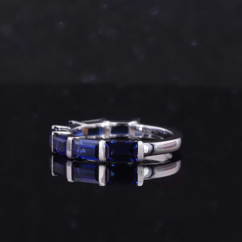 3×5mm Baguette Step Cut Lab Grown Sapphire 10K White Gold Seven Stone Diamond Ring
