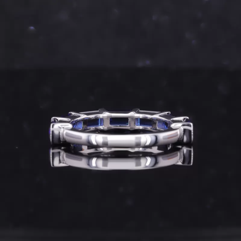 3×5mm Baguette Step Cut Lab Grown Sapphire 10K White Gold Seven Stone Diamond Ring