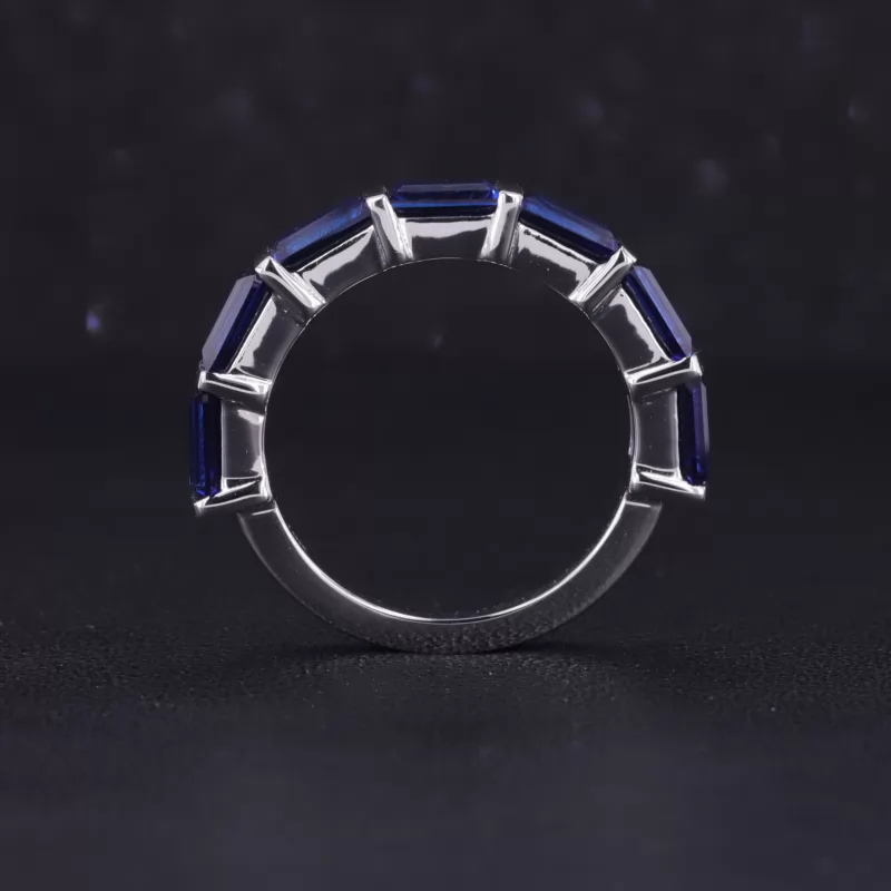 3×5mm Baguette Step Cut Lab Grown Sapphire 10K White Gold Seven Stone Diamond Ring