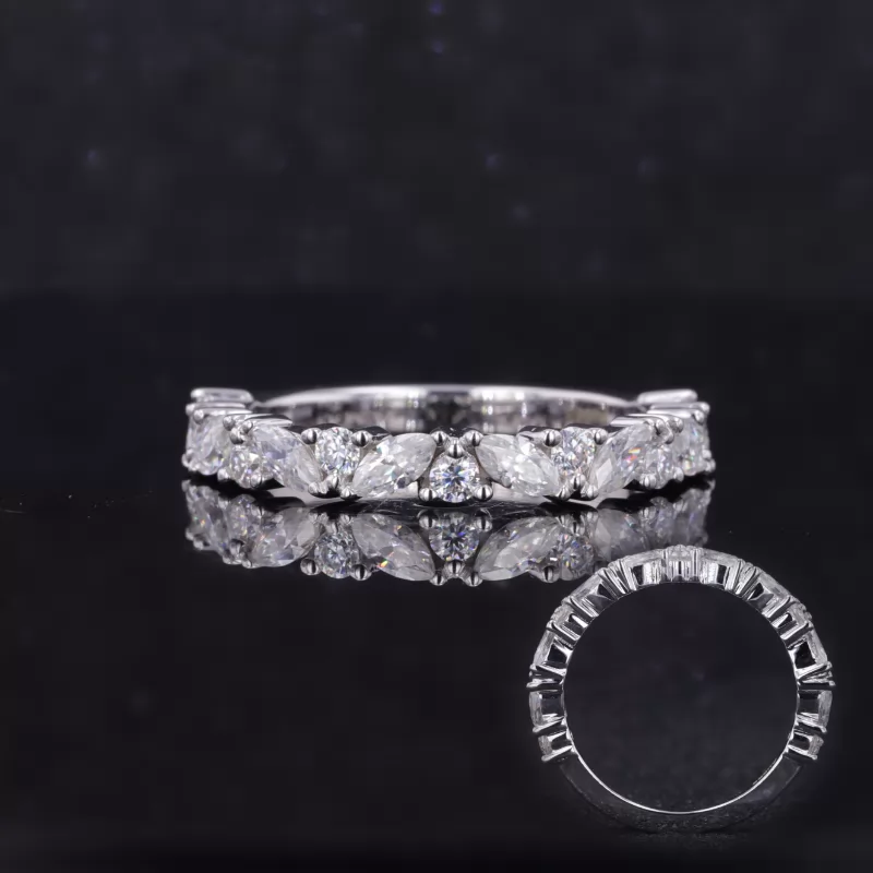 2×4mm Marquise Cut Moissanite & 2mm Round Brilliant Cut Moissanite 14K White Gold Seventeen Stone Diamond Ring
