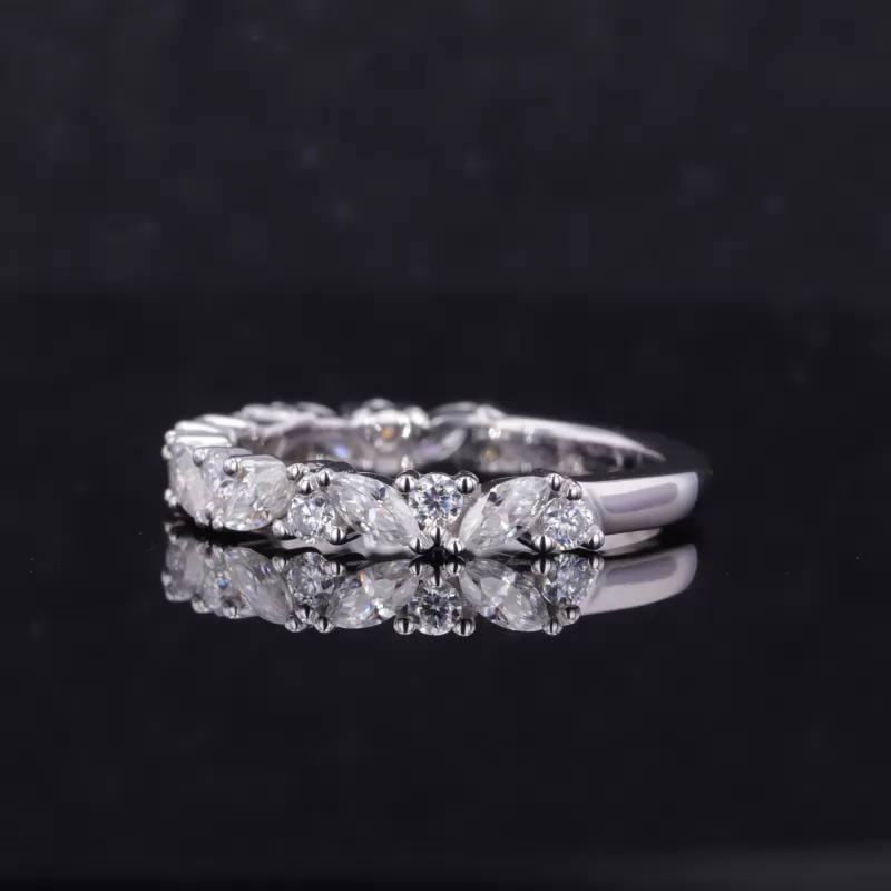 2×4mm Marquise Cut Moissanite & 2mm Round Brilliant Cut Moissanite 14K White Gold Seventeen Stone Diamond Ring