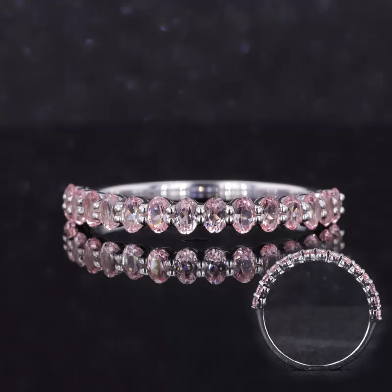 2×3mm Oval Cut Lab Grown Sukura Pink Sapphire 14K White Gold Fifteen Stone Diamond Ring