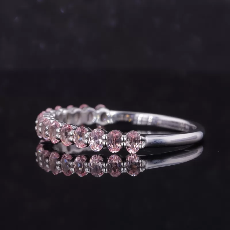 2×3mm Oval Cut Lab Grown Sukura Pink Sapphire 14K White Gold Fifteen Stone Diamond Ring