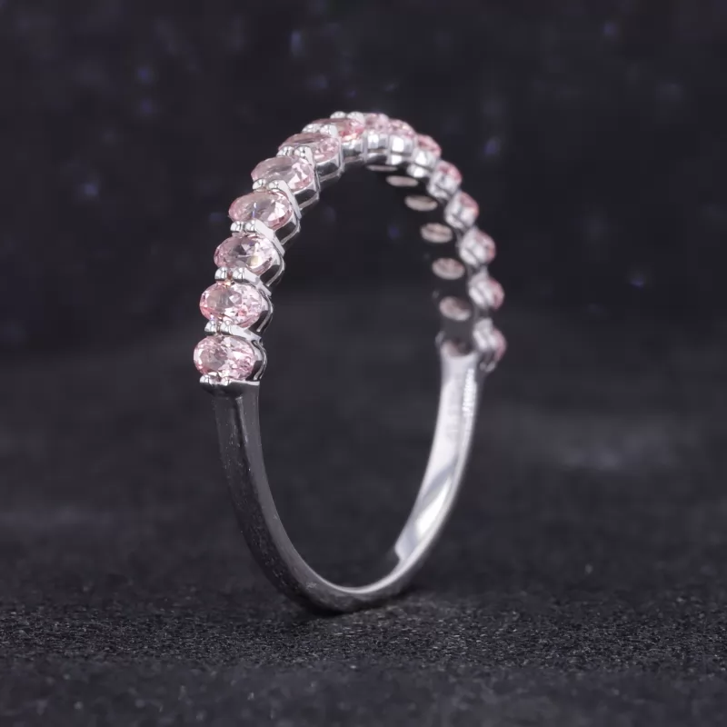 2×3mm Oval Cut Lab Grown Sukura Pink Sapphire 14K White Gold Fifteen Stone Diamond Ring