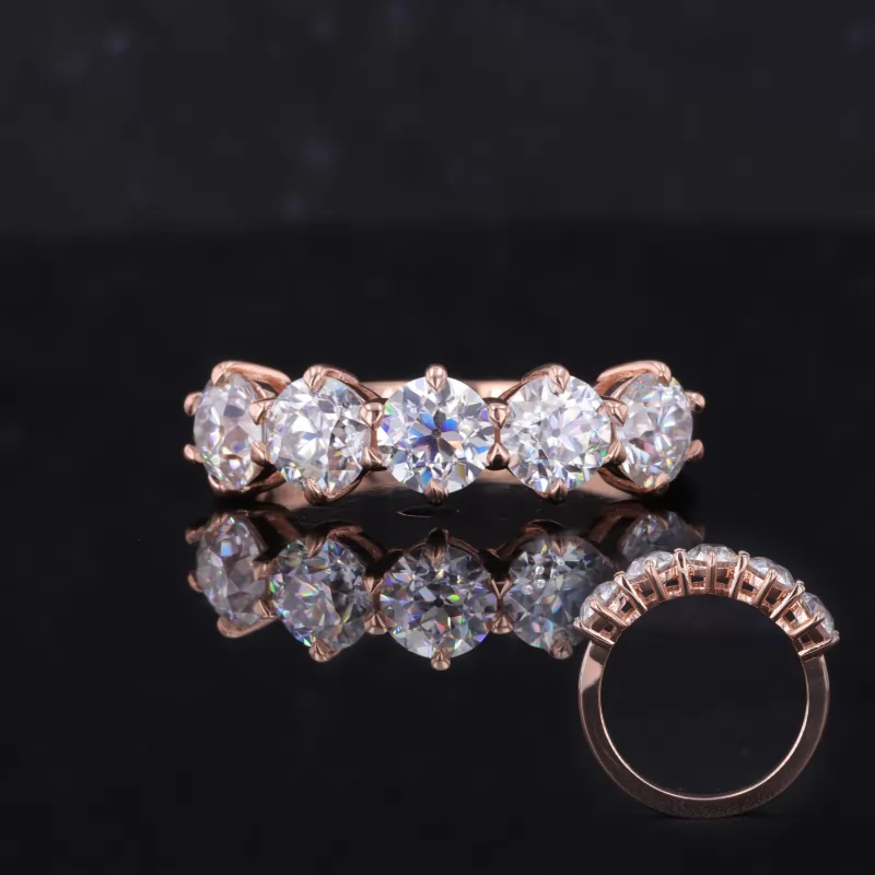 4.5mm Round Brilliant Cut Moissanite 10K Rose Gold Five Stone Diamond Ring