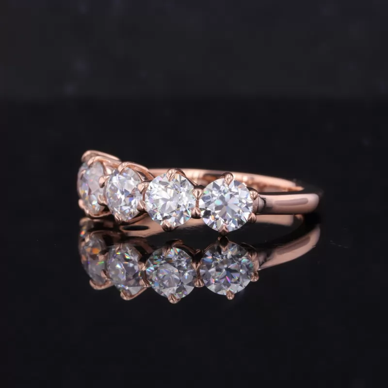 4.5mm Round Brilliant Cut Moissanite 10K Rose Gold Five Stone Diamond Ring