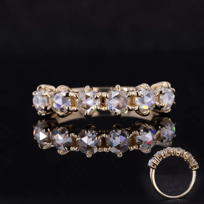 4mm Round Shape Single Rose Cut Moissanite 14K Yellow Gold Six Stone Diamond Ring