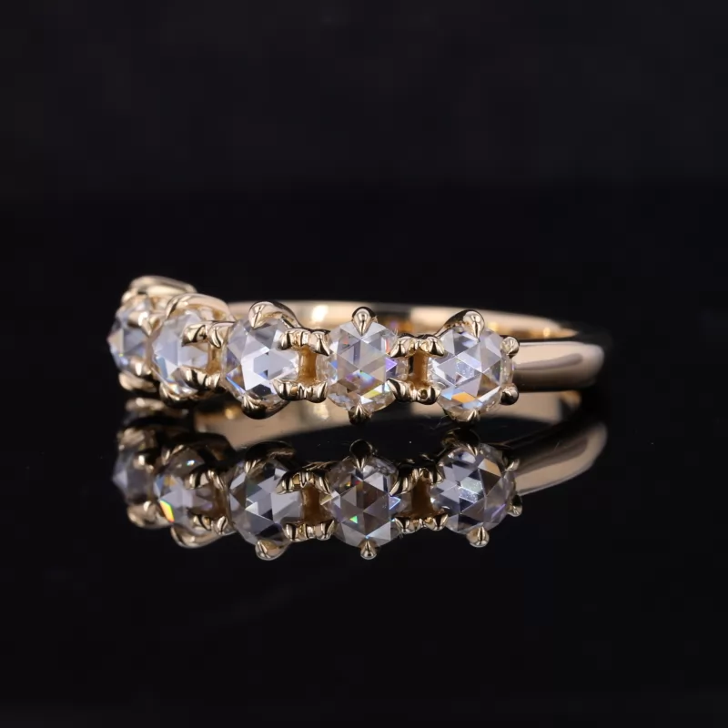4mm Round Shape Single Rose Cut Moissanite 14K Yellow Gold Six Stone Diamond Ring