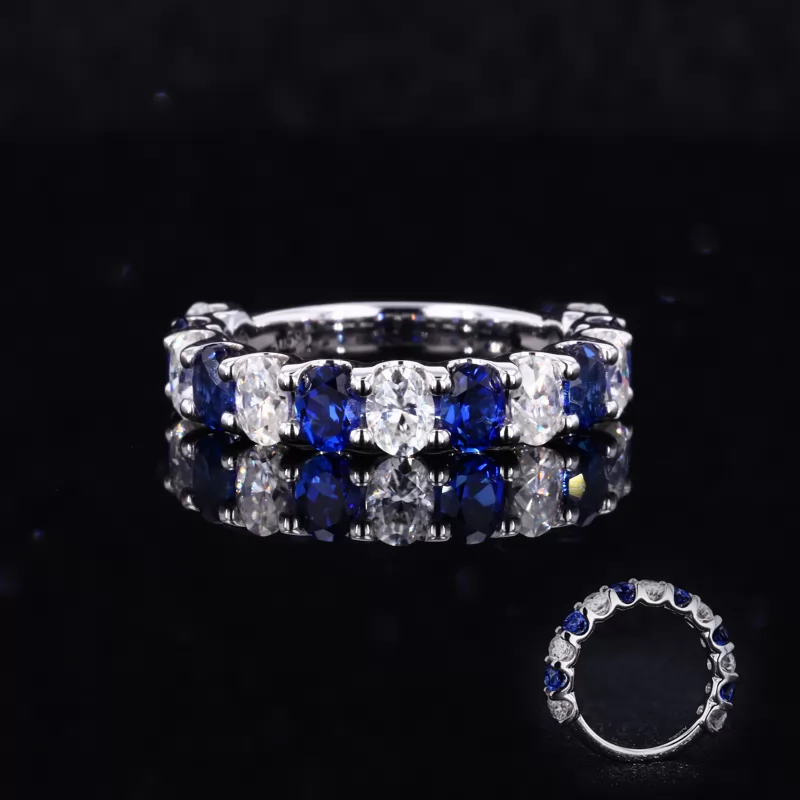 3×4mm Oval Cut Lab Grown Diamond & Lab Grown Sapphire 14K White Gold Thirteen Stone Diamond Ring