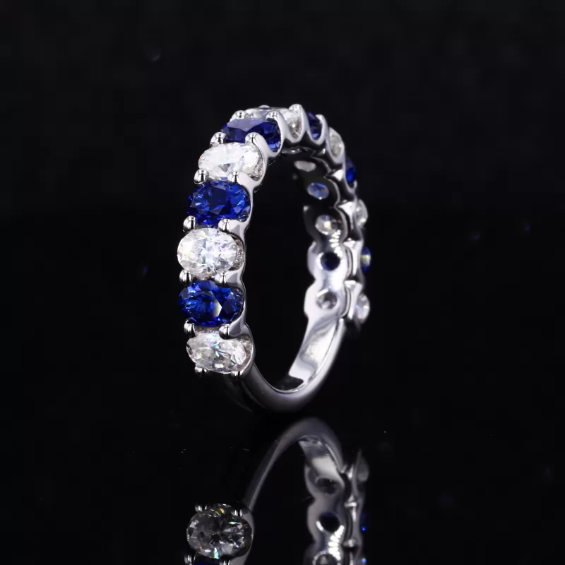 3×4mm Oval Cut Lab Grown Diamond & Lab Grown Sapphire 14K White Gold Thirteen Stone Diamond Ring