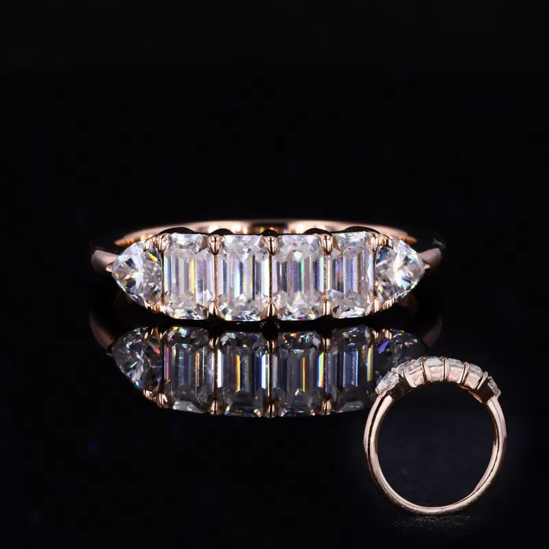 3×5mm Octagon Emerald Cut Lab Grown Diamond & 4×4mm Trilliant Cut Lab Grown Diamond 14K Rose Gold Six Stone Diamond Ring