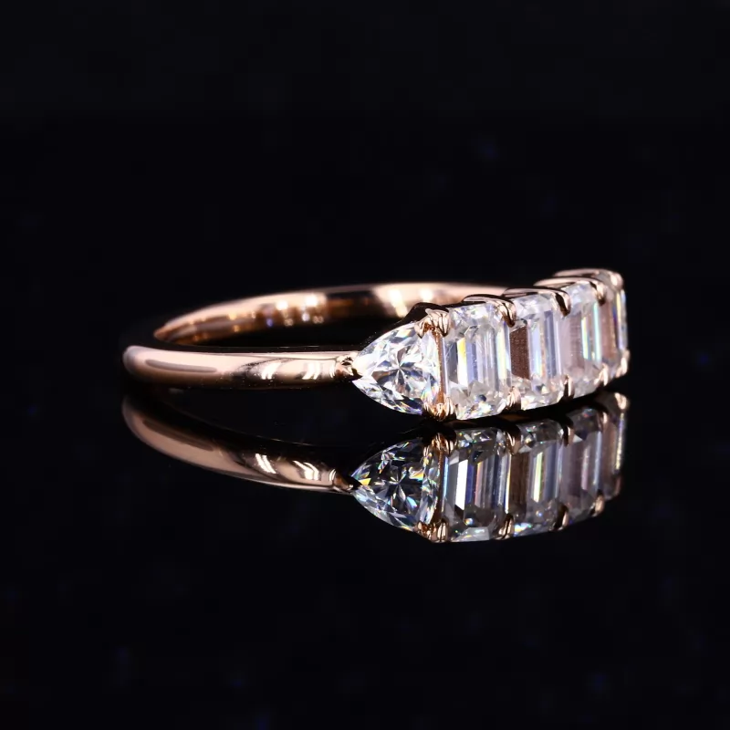 3×5mm Octagon Emerald Cut Lab Grown Diamond & 4×4mm Trilliant Cut Lab Grown Diamond 14K Rose Gold Six Stone Diamond Ring