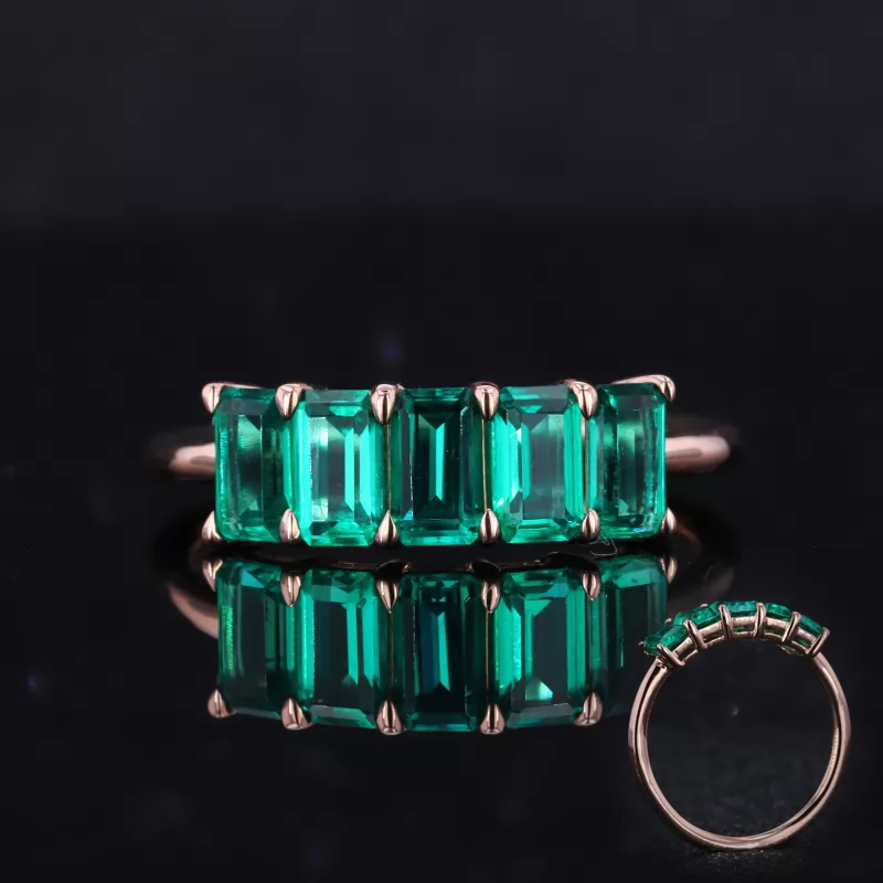 3×5mm Octagon Emerald Cut Lab Grown Emerald 14K Rose Gold Five Stone Diamond Ring