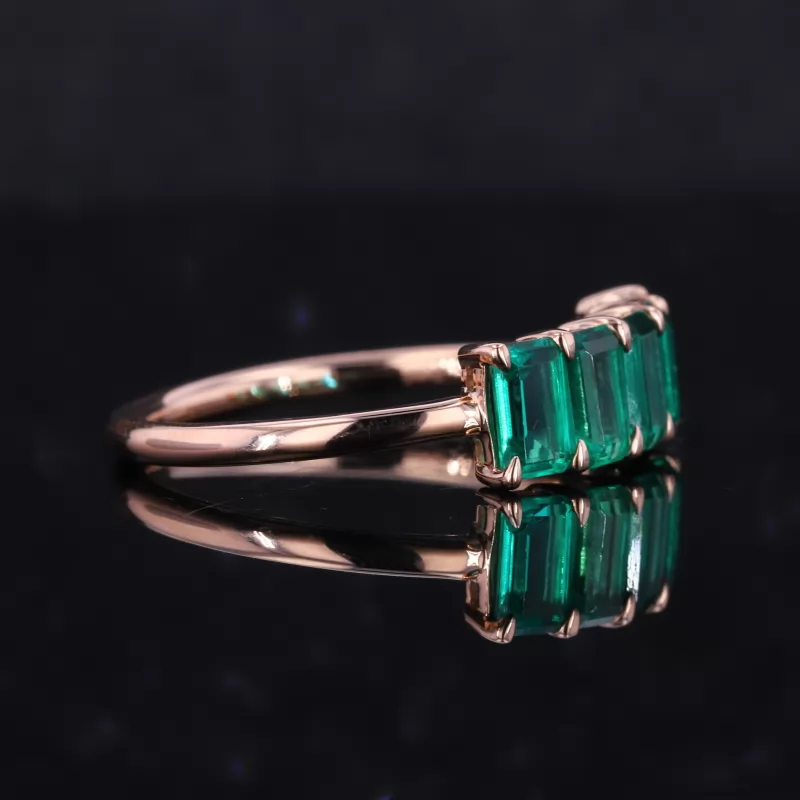 3×5mm Octagon Emerald Cut Lab Grown Emerald 14K Rose Gold Five Stone Diamond Ring