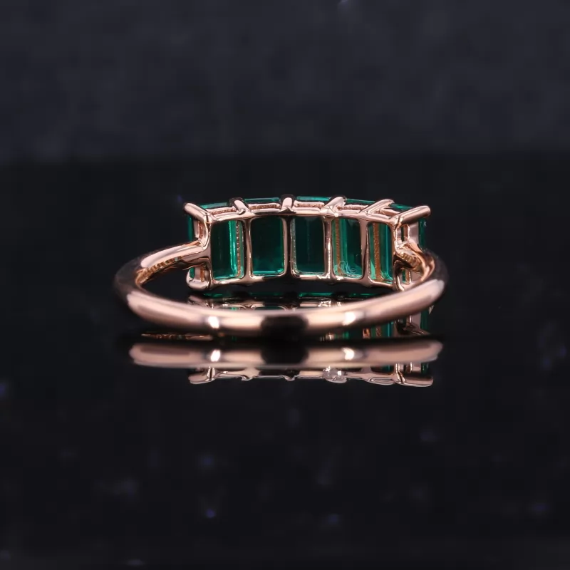 3×5mm Octagon Emerald Cut Lab Grown Emerald 14K Rose Gold Five Stone Diamond Ring