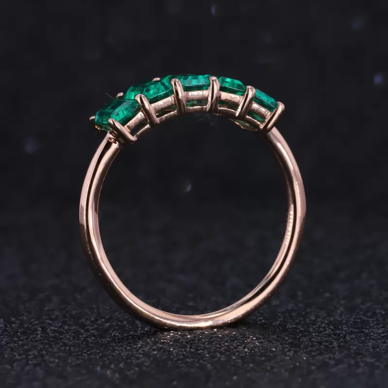 3×5mm Octagon Emerald Cut Lab Grown Emerald 14K Rose Gold Five Stone Diamond Ring