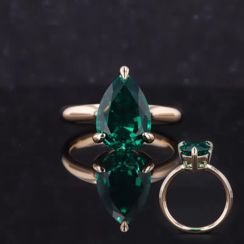 9×13mm Pear Cut Lab Grown Emerald 14K Gold Solitaire Engagement Ring