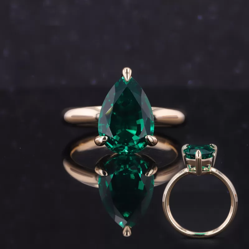 9×13mm Pear Cut Lab Grown Emerald 14K Yellow Gold Solitaire Engagement Ring