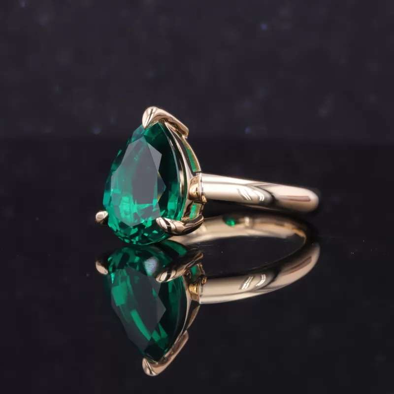 9×13mm Pear Cut Lab Grown Emerald 14K Yellow Gold Solitaire Engagement Ring