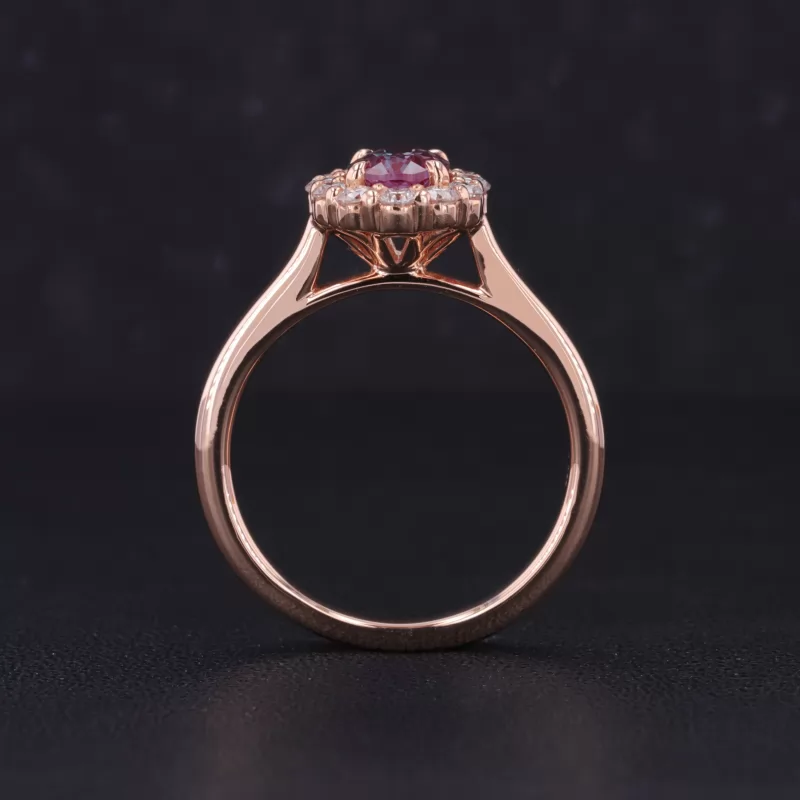 5×7mm Oval Cut Lab Grown Alexandrite Sapphire 14K Rose Gold Halo Engagement Ring