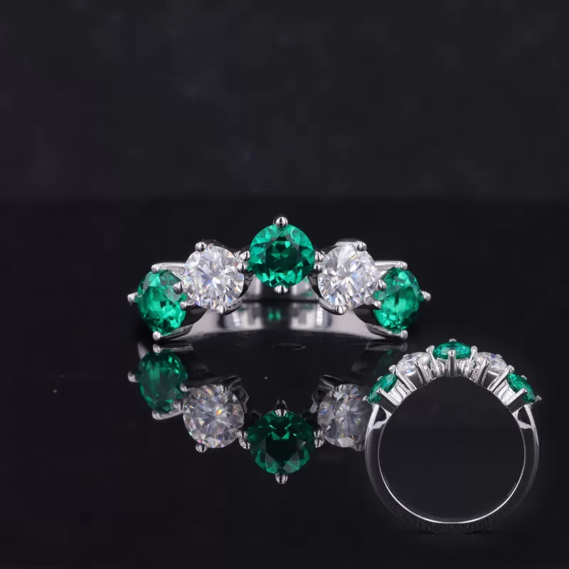 4.5mm Round Brilliant Cut Lab Grown Emerald & Lab Grown Diamond 14K White Gold Five Stone Diamond Ring