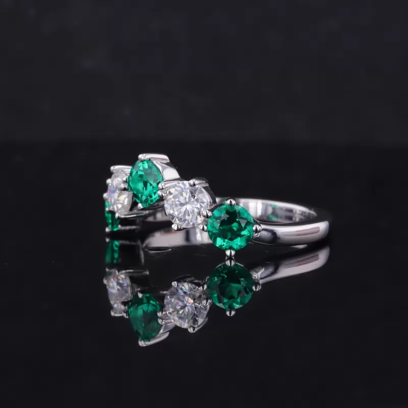 4.5mm Round Brilliant Cut Lab Grown Emerald & Lab Grown Diamond 14K White Gold Five Stone Diamond Ring