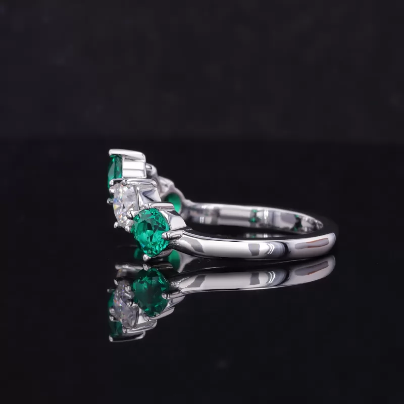 4.5mm Round Brilliant Cut Lab Grown Emerald & Lab Grown Diamond 14K White Gold Five Stone Diamond Ring