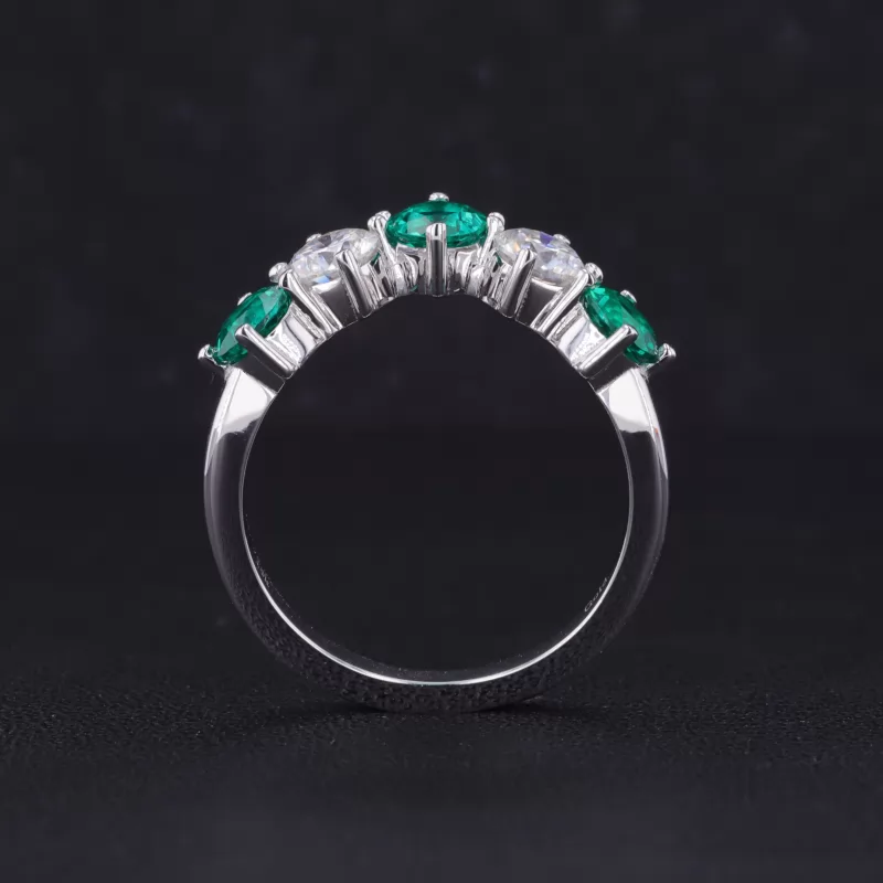 4.5mm Round Brilliant Cut Lab Grown Emerald & Lab Grown Diamond 14K White Gold Five Stone Diamond Ring