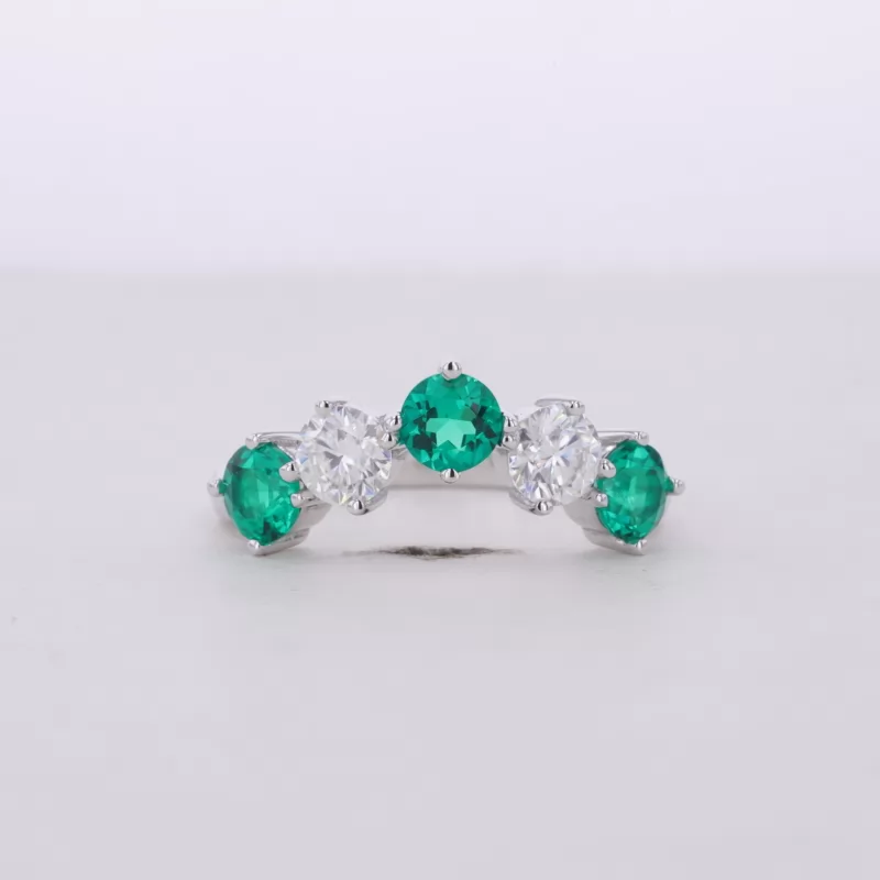 4.5mm Round Brilliant Cut Lab Grown Emerald & Lab Grown Diamond 14K White Gold Five Stone Diamond Ring