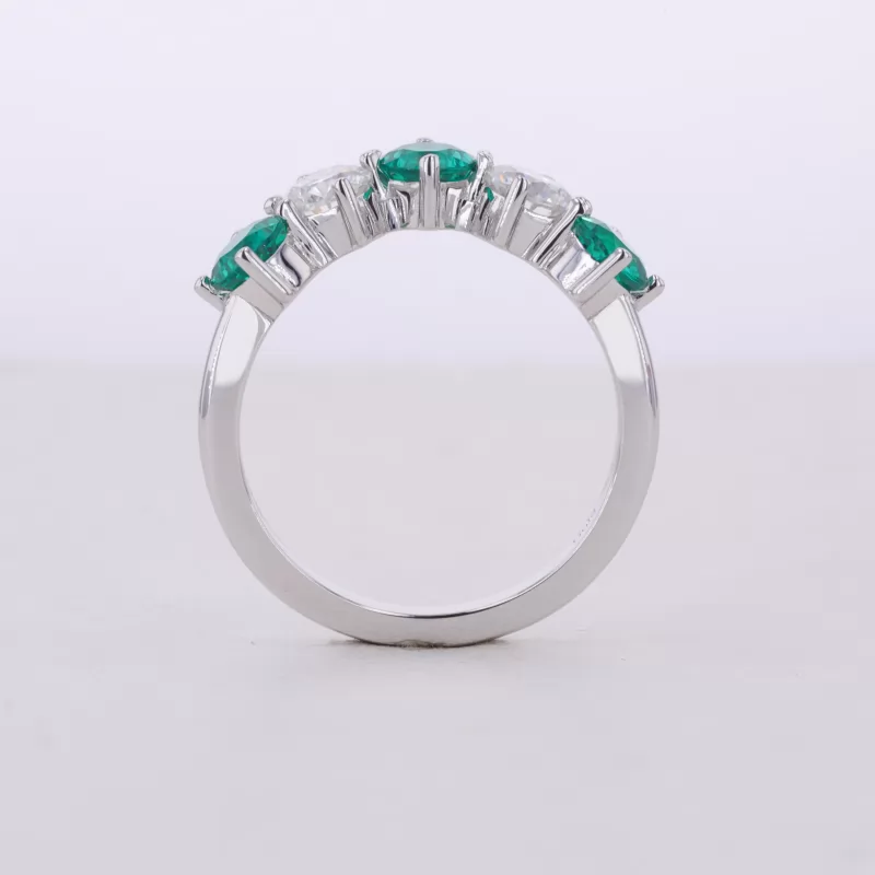 4.5mm Round Brilliant Cut Lab Grown Emerald & Lab Grown Diamond 14K White Gold Five Stone Diamond Ring