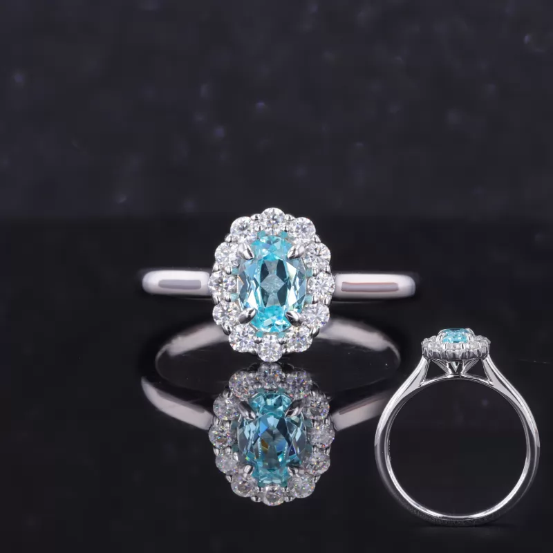 5×7mm Oval Cut Lab Grown Paraiba Sapphire S925 Sterling Silver Halo Engagement Ring