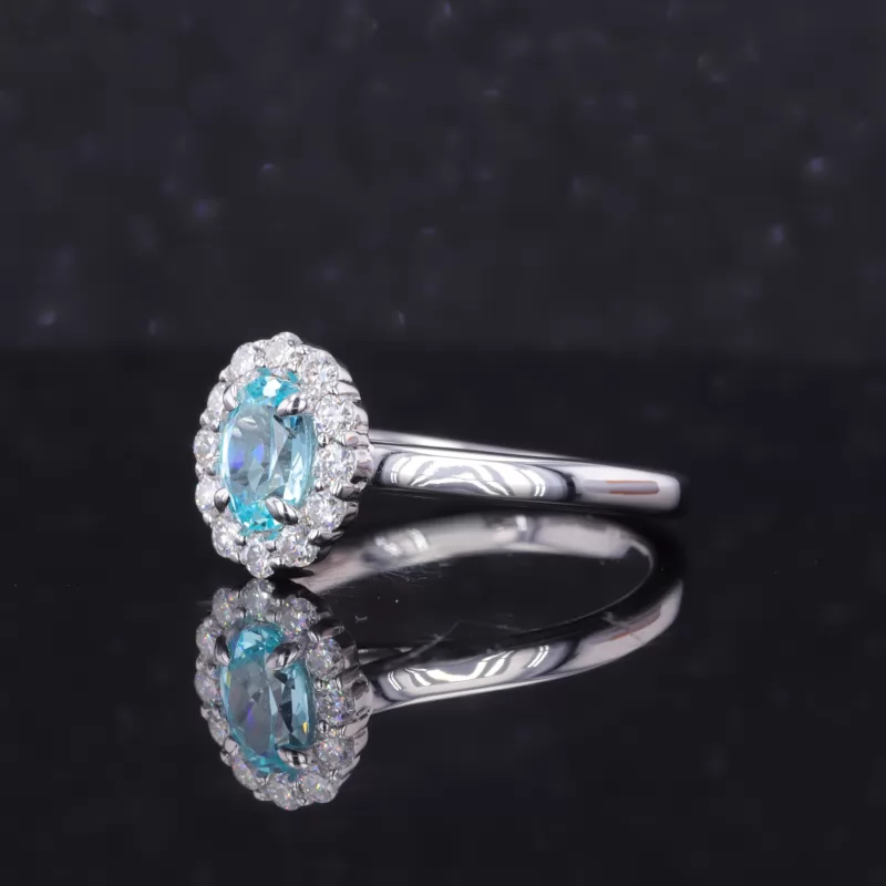 5×7mm Oval Cut Lab Grown Paraiba Sapphire S925 Sterling Silver Halo Engagement Ring