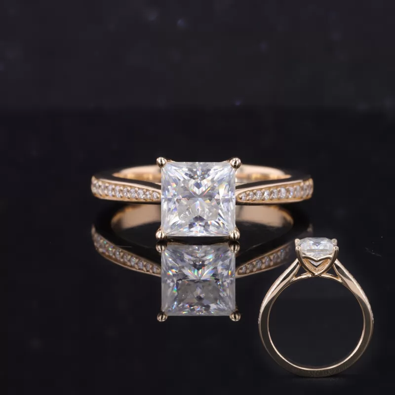 7×7mm Princess Cut Moissanite 14K Yellow Gold Channel Set Engagement Ring