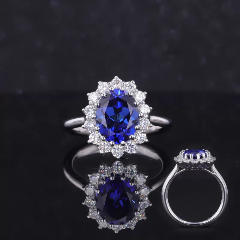 7×9mm Oval Cut Lab Grown Sapphire 18K White Gold Halo Engagement Ring