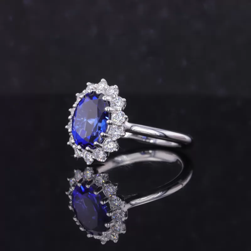 7×9mm Oval Cut Lab Grown Sapphire 18K White Gold Halo Engagement Ring