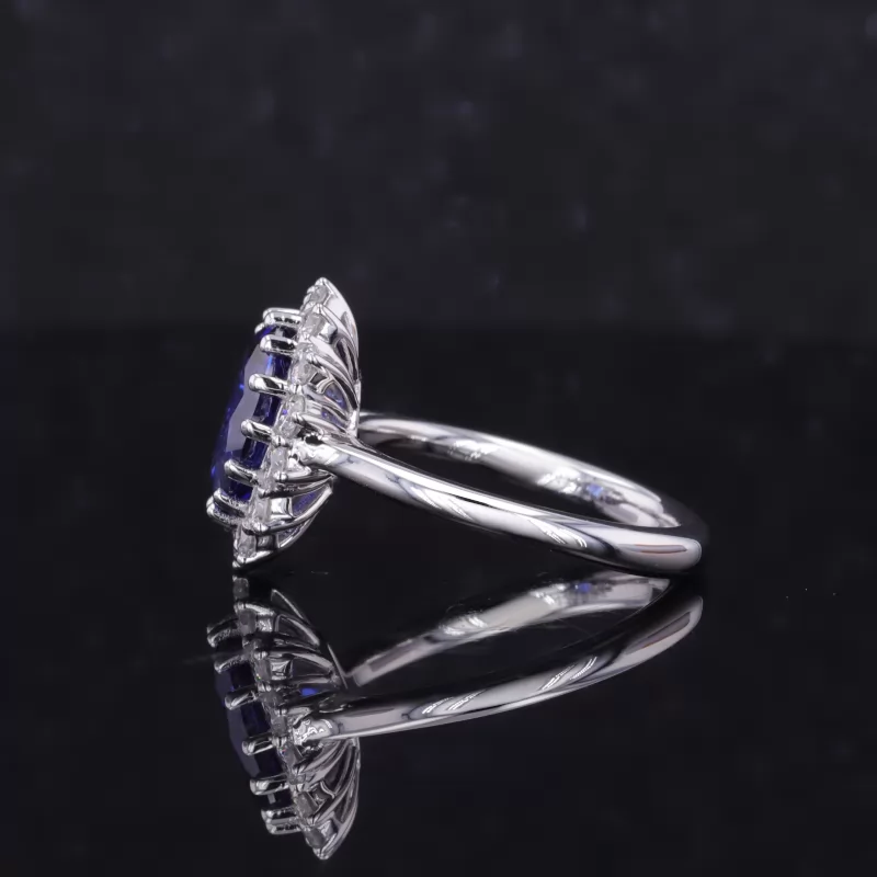7×9mm Oval Cut Lab Grown Sapphire 18K White Gold Halo Engagement Ring