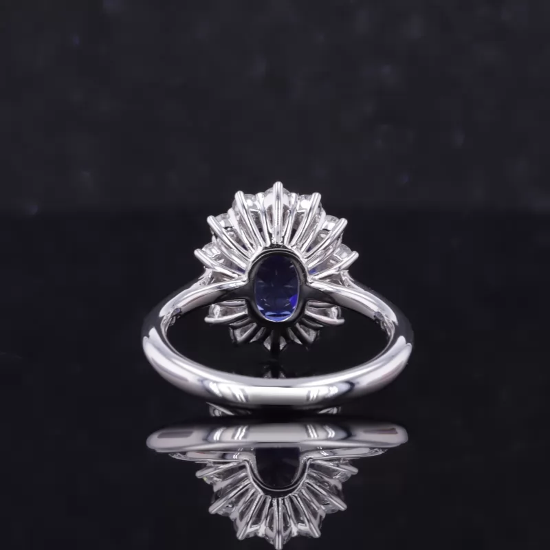 7×9mm Oval Cut Lab Grown Sapphire 18K White Gold Halo Engagement Ring