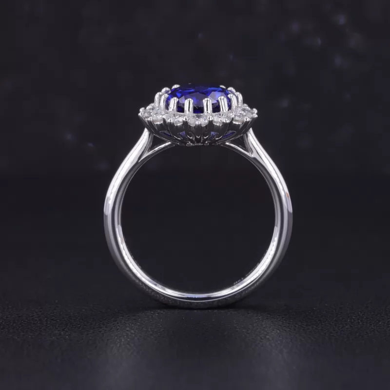 7×9mm Oval Cut Lab Grown Sapphire 18K White Gold Halo Engagement Ring