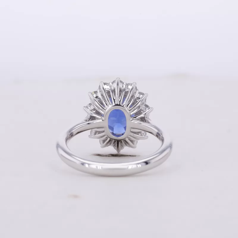 7×9mm Oval Cut Lab Grown Sapphire 18K White Gold Halo Engagement Ring