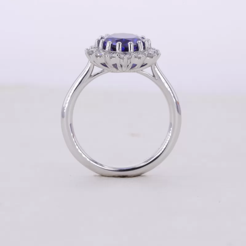 7×9mm Oval Cut Lab Grown Sapphire 18K White Gold Halo Engagement Ring