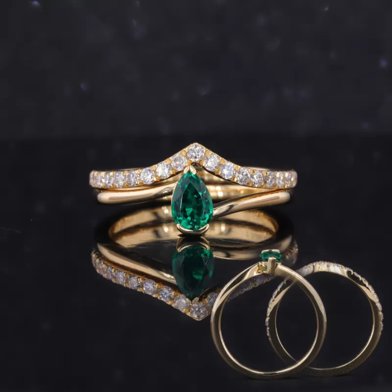 4×6mm Pear Cut Lab Grown Emerald 18K Yellow Gold Stackable Rings