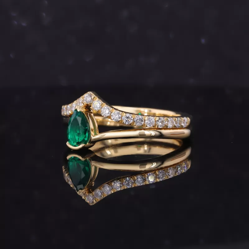 4×6mm Pear Cut Lab Grown Emerald 18K Yellow Gold Stackable Rings