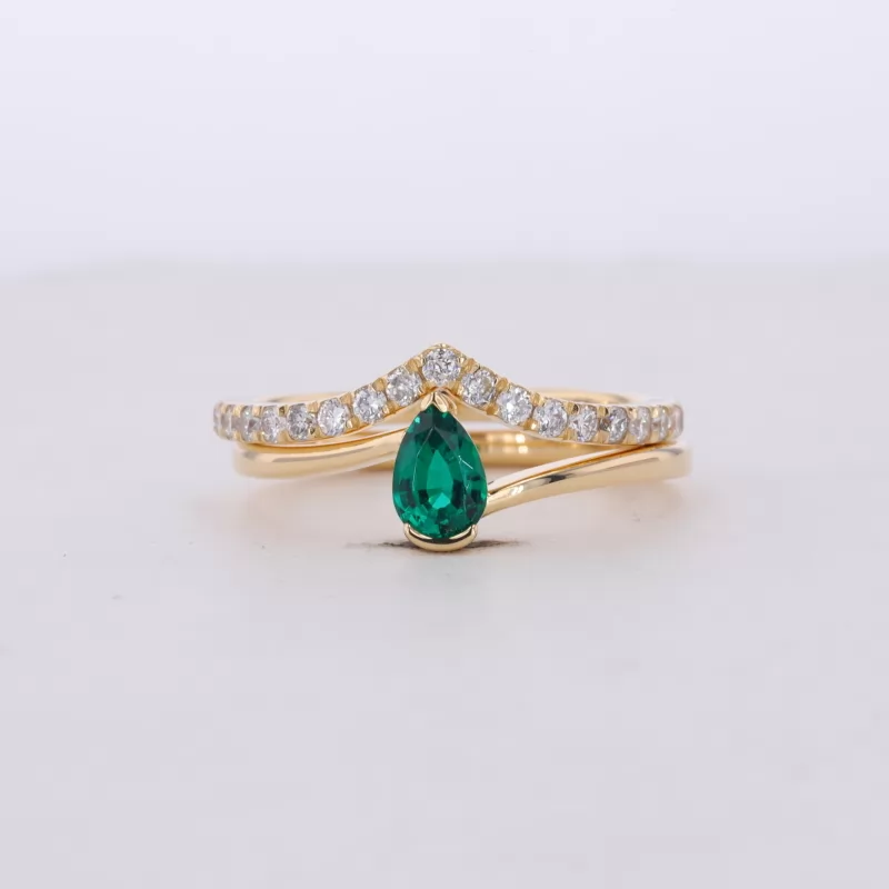 4×6mm Pear Cut Lab Grown Emerald 18K Yellow Gold Stackable Rings