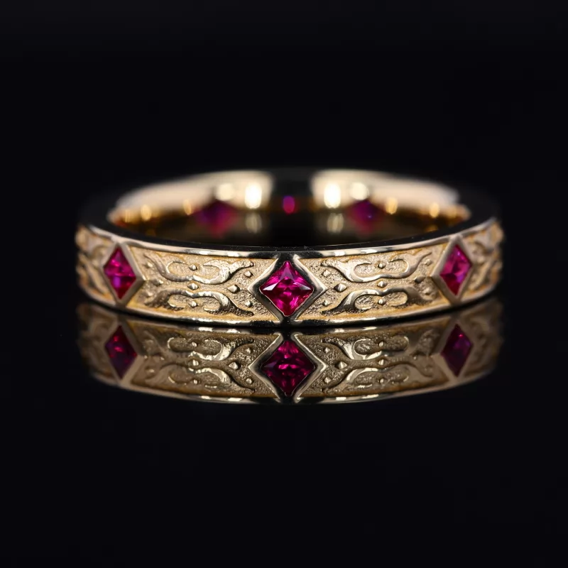 2×2mm Princess Cut Lab Grown Ruby 18K Yellow Gold Diamond Ring