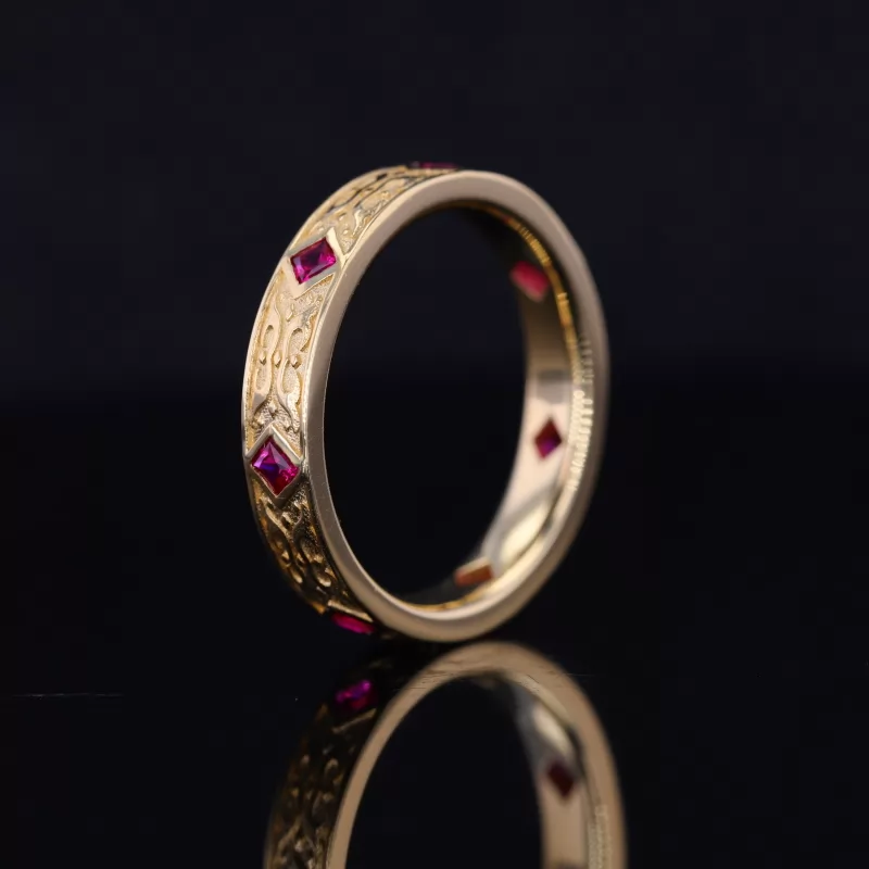 2×2mm Princess Cut Lab Grown Ruby 18K Yellow Gold Diamond Ring