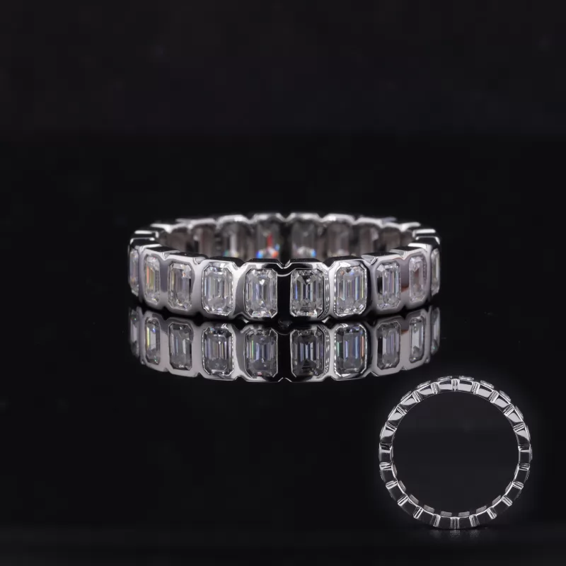 2×3mm Octagon Emerald Cut Moissanite Bezel Set 14K White Gold Diamond Eternity Ring