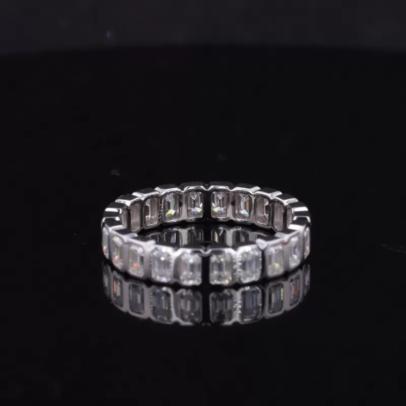 2×3mm Octagon Emerald Cut Moissanite Bezel Set 14K White Gold Diamond Eternity Ring