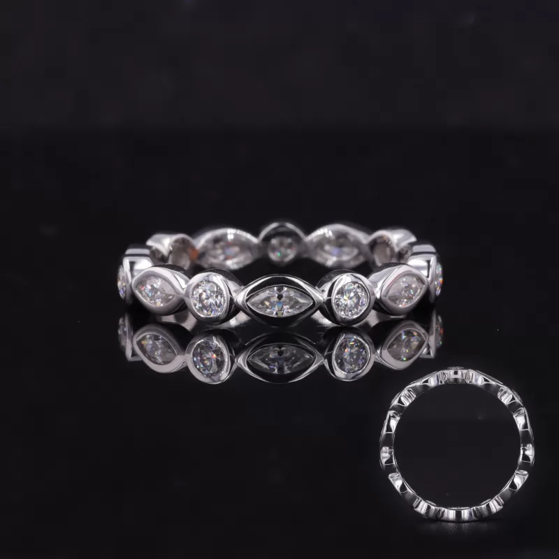 2×4mm Marquise Cut Moissanite & 2.3mm Round Brilliant Cut Moissanite Bezel Set PT950 Diamond Eternity Ring