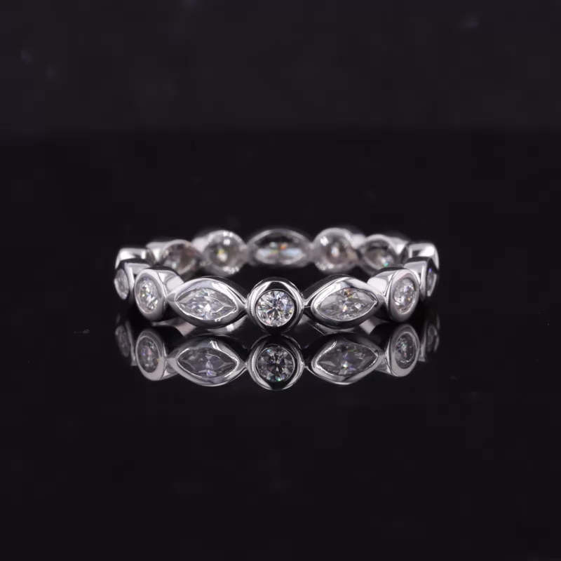 2×4mm Marquise Cut Moissanite & 2.3mm Round Brilliant Cut Moissanite Bezel Set PT950 Diamond Eternity Ring